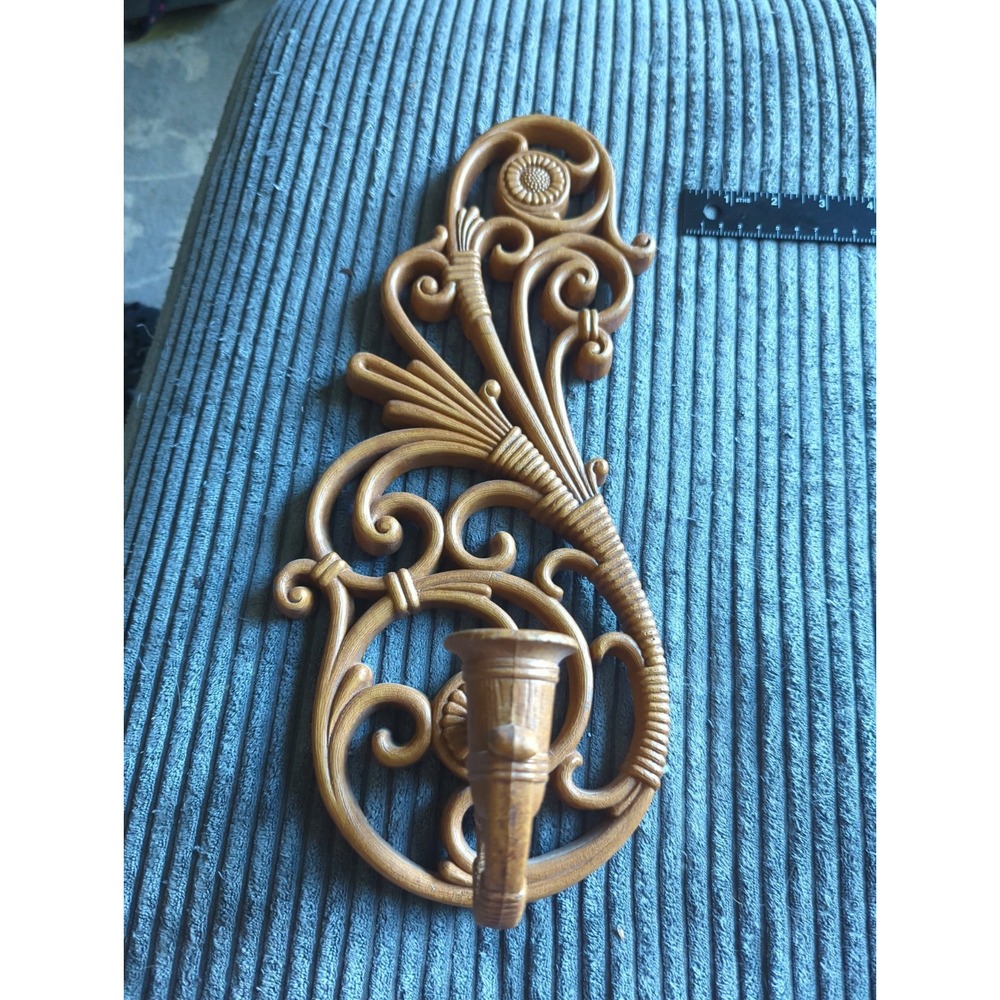 Vintage Syroco Wall Sconce 1970s Candle Holder Ornate Scrolling Tan